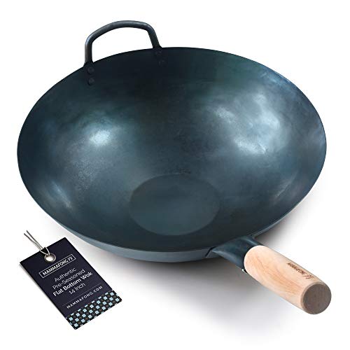 Pre Seasoned Blue Carbon Steel Flat Bottom Wok -14 Inch Chinese Pow Wok - Traditionally Hand Hammered Woks and Stir Fry Pans by Mammafong