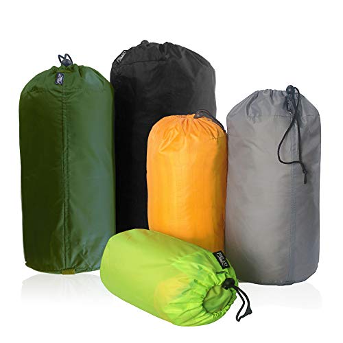 Frelaxy Stuff Sack Set 5-Pack (3L&5L&9L&15L&20L), Ultralight Ditty Bags with Dust Flap for Traveling Hiking Backpacking (Neon Green&Orange&Gray&Army Green&Black)