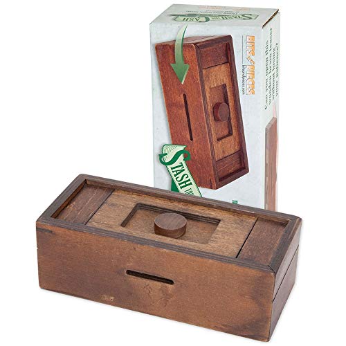 Bits and Pieces - Stash Your Cash - Secret Puzzle Box Brainteaser - Wooden Secret Compartment Brain Game for Adults