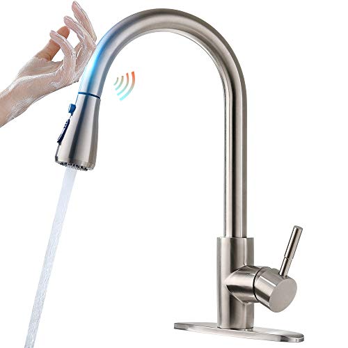 Touch On Kitchen Faucets with Pull Down Sprayer Latest Upgrade Smart Kitchen Sink Faucets with Deck Plate, Stainless Steel Brushed Nickel