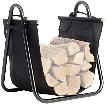 Amagabeli Fireplace Log Holder with Canvas Firewood Tote Carrier Indoor Metal Fire Wood Rack Black Storage Holders Log Bin Heavy Duty Logs Stacker Basket with Handles Kindling Large Stove Accessories