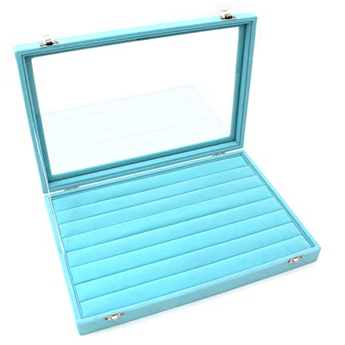 KLOUD City Jewelry Tray Box Showcase Display Storage Holder Rings Earrings Organizer Stackable Velvet Clear Lid with Lock (Light Blue 7 Slots)