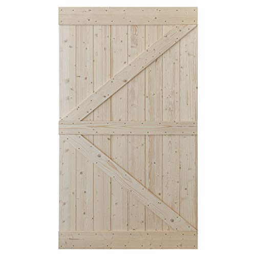 SmartStandard 48in x 84in Sliding Barn Wood Door Pre-Drilled Ready to Assemble, DIY Unfinished Solid SpruceWood Panelled Slab, Interior Single Door, Natural, Frameless K-Shape (Fit 8FT Rail)