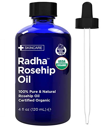 Radha Beauty Rosehip Oil USDA Certified Organic, 4 oz. - 100% Pure & Cold Pressed. All Natural Anti-Aging Moisturizing Treatment for Face, Hair, Skin & Nails, Acne Scars, Wrinkles, Dry Spots