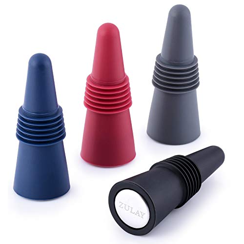 Zulay (Set of 4) Airtight Silicone Wine Stoppers - Reusable Wine Stopper With Stainless Steel Core - Beverage & Wine Bottle Stoppers - Flexible Bottle Stopper (Assorted Colors)