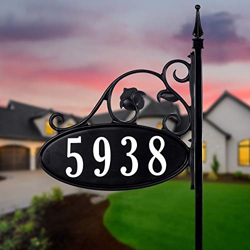 USA Handcrafted -Yard Sign Address Plaque with Highway-Grade Reflective Vinyl House Numbers Wrought Iron Look, Oval, Black, Double Sided House Plate, 911 Visibility Signage, 30' Pole