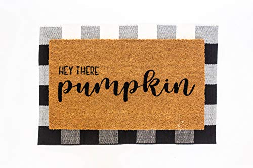 Layered Outdoor Hey Pumpkin Mat Set - Coconut Coir (17-inch x 30-inch) and Woven Doormat (24-inch x 35-inch) Combo Inside or Outside Pet Friendly Rug for Entry Porch, or Patio (Black and White Plaid)