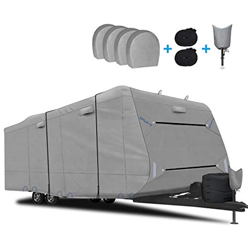 RVMasking Upgraded Waterproof & Windproof Travel Trailer RV Cover Camper Cover 31'7' - 34' - 6 Layers Top Prevent Top Tearing Caused by Sun Exposure with 4 Tire Covers Tongue Jack Cover