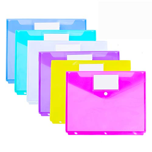 12 Pack Poly Binder Pocket, Side Loading,Letter Size, Pocket Folders Poly Envelopes Clear Document Folders for 3 Ring Binder with Label Pocket & Snap Button for School Home Office