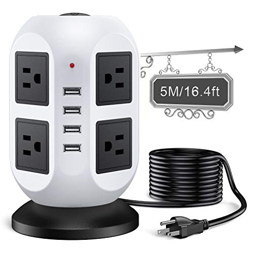 Power Strip Tower Surge Protector - 5M/16.4FT Surge Protector Power Strip with USB, Power Strip with Surge Protection with 8 AC Outlets & 4 USB Ports, Overload Protection, Short Circuit Protection.