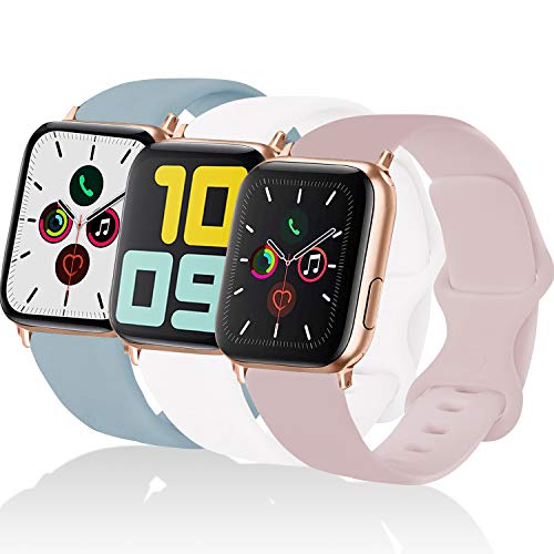 3-Pack Idon Sport Band Compatible for Apple Watch Band 38MM 40MM S/M, Soft Silicone Sport Bands Replacement Strap Compatible with iWatch Series SE/6/5/4/3/2/1, Turquoise + Pink Sand + White