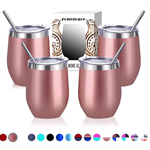 Zonegrace 4 pack Rose Gold 12 oz Stainless Steel Stemless Wine Glass/Mug, Double Wall Vacuum Insulated thermal Wine Tumbler with Lids Set of 4 for Coffee, Wine, Cocktails, Ice Cream Including 4 Straws