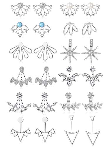 Tornito 12 Pairs Lotus Flower Earring Studs Chic CZ Earrings Jackets For Wome Silver Tone