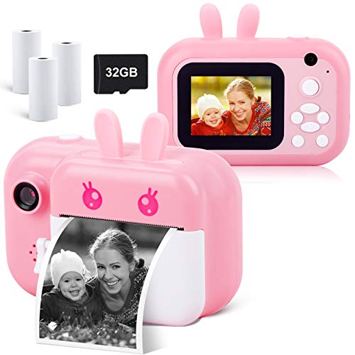 Instant Camera for Kids Digital Camera for Girls Toddler Camera with Print Paper, 24MP Kids Video Camera Child Selfie Camera Toy Camera Kids Camcorder with 2.4 Inch Screen and 32GB TF Card (Pink)