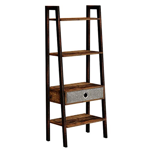 Rolanstar Ladder Shelf with Drawer, Retro Bookshelf, 4-Tier Ladder Bookcase, Utility Organizer Shelves, Stable Metal Frame, for Living Room, Office Room,LD001-A