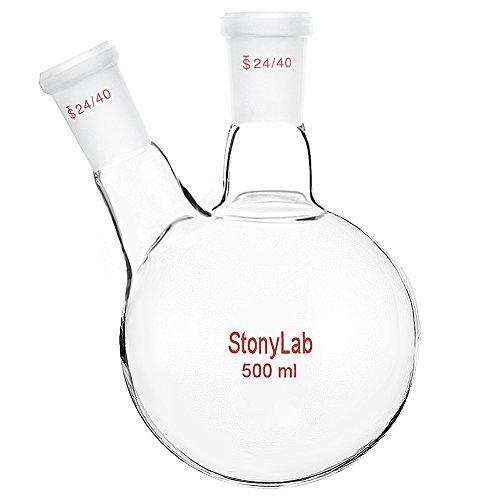 StonyLab Glass 500ml Heavy Wall 2 Neck Round Bottom Flask RBF, with 24/40 Center and Side Standard Taper Outer Joint - 500ml