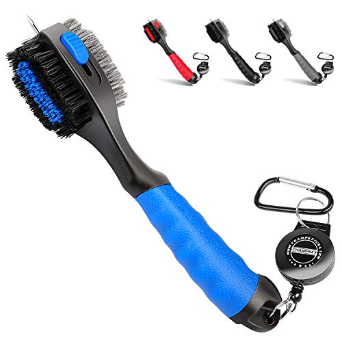 Champkey PRO Retractable Golf Club Brush - Oversized Brush Head，Soft Rubber Hand Grip & Retractable Groove Cleaner Golf Brush (Blue)