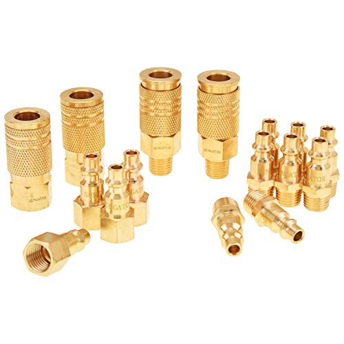 Air Fittings, Air Coupler and Plug Kit, Solid Brass Quick Connect Set, Industrial 1/4' NPT Air Tool Fittings Set with Storage Case (16-Piece)