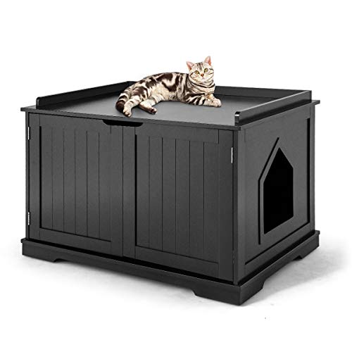 Tangkula Nightstand Pet House, Decorative Cat House, Cat Home Nightstand with Double Doors, Litter Box Furniture, Indoor Pet Crate, Cat Washroom, Litter Box Enclosure (Black)