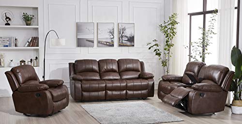 Betsy Furniture 3PC Bonded Leather Recliner Set Living Room Set, Sofa Loveseat Chair Pillow Top Backrest and Armrests 8018 (Brown, Living Room Set 3+2+1)