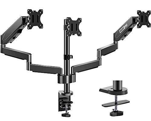 MOUNTPRO Triple Monitor Desk Mount - Articulating Gas Spring Monitor Arm, Removable VESA Mount Desk Stand with Clamp and Grommet Base - Fits 13 to 27 Inch LCD Computer Monitors, VESA 75x75, 100x100