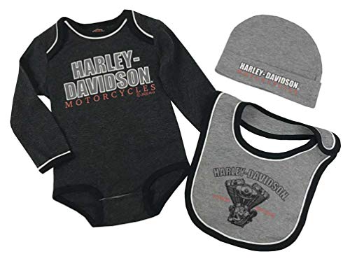 Harley-Davidson Baby Boys' 3-Piece Newborn Creeper Set w/Hat & Bib, Gray (6/9M)