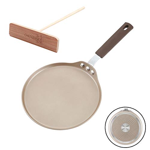 CHEFMADE Crepe Pan with Bamboo Spreader, 8-Inch Non-stick Pancake Pan with Insulating Silicone Handle for Gas, Induction, Electric Cooker (Champagne Gold)