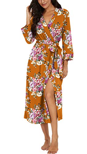 VINTATRE Women Kimono Robes Long Knit Bathrobe Lightweight Soft Knit Sleepwear V-Neck Casual Ladies Loungewear FP-Peony Yellow-Medium