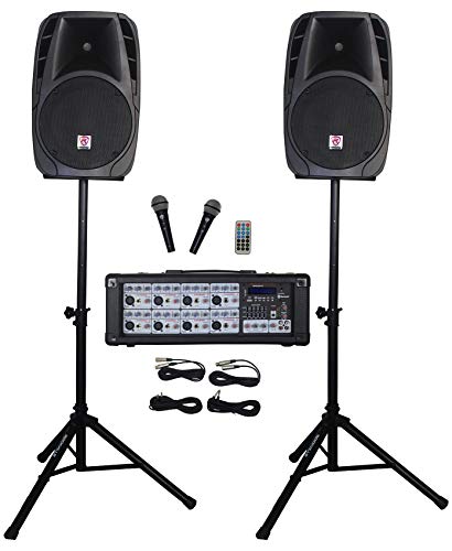 Rockville RPG2X12 Package PA System Mixer/Amp+12' Speakers+Stands+Mics+Bluetooth, 12'