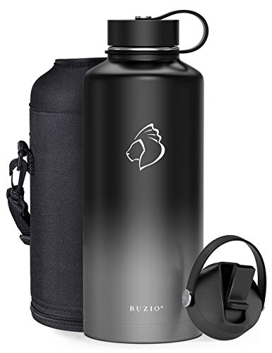 BUZIO Insulted Water Bottle with Straw Lid and Flex Cap, 87oz Modern Double Vacuum Stainless Steel Water Flask, Cold for 48 Hrs Hot for 24 Hrs Simple Thermo Canteen Mug,Black and Gray
