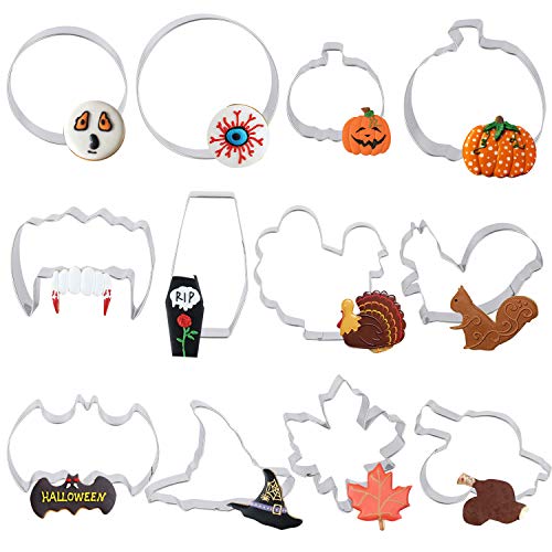 12 pcs LARGE Halloween Thanksgiving Fall Cookie Cutter Set- 3 Inches Circle, Pumpkin, Turkey, Maple Leaf, Squirrel, Bat, Ghost and Witch Hat