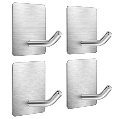 Adhesive Hooks Stainless Steel Heavy Duty Wall Towel Coat Clothes Hooks Without Nails Self Adhesive Holders Hanging Wall Hangers for Bathrooms Kitchen, 4 Pack