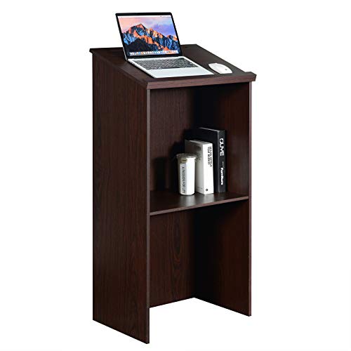 Tangkula Floor Standing Podium, Wooden Speaking Lectern with Adjustable Shelf, Large Storage Area and Pen/Pencil Tray, Ideal for Conference, Auditorium, Classroom (Brown)