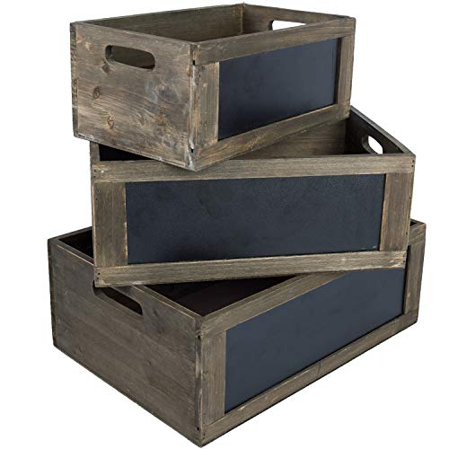 MyGift Rustic Brown Wood Nesting Storage Crates with Chalkboard Front Panel and Cutout Handles, Set of 3