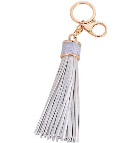 ZOONAI Women Leather Tassels Keychain Car Circle Key Rings Gift Bag Hanging Buckle (Silver)