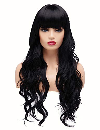 BESTUNG Long Curly Wavy Wigs for Women Ladies Synthetic Full Hair Natural Black Brunette Wig with Straight Bangs for Daily Wear (Straight Bangs, Black)