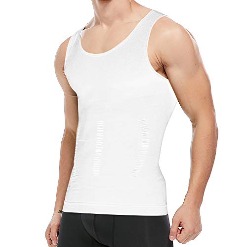 KOCLES Mens Athletic Compression Shirt Slimming Body Shaper Tank Top Abs Abdomen Slim Vest Undershirt (White, Medium)