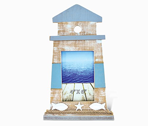 Puzzled Wooden “Lighthouse Shape” Picture Frame, 4 x 6 Inch Sculptural Wood Photo Holder Intricate & Meticulous Detailing Art Handcrafted Tabletop Accent Accessory Coastal Nautical Themed Home Décor
