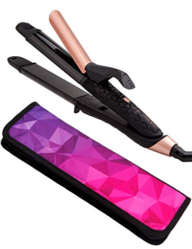 AmoVee 2 in 1 Travel Flat Iron Curling Iron Mini Hair Straightener with Black Titanium Coated, Dual Voltage, 1 Inch, Carry Bag Included, Black