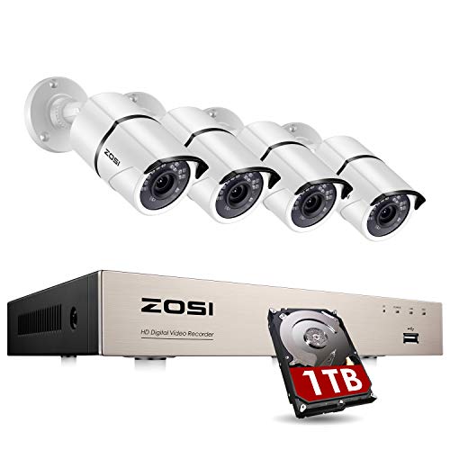 ZOSI 8CH 1080P Home Security Camera System Outdoor with 1TB Hard Drive, H.265+ 8 Channel 5MP Lite Wired DVR with 4pcs 1080P HD IP67 Weatherproof CCTV Cameras with 120ft Night Vision,Remote Access