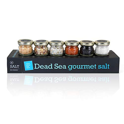 Gourmet Sea Salt Sampler 6-Pack - Organic Dead Sea Seasoning Salt Variety Set Including Kosher Garlic Salt, Cooking Black Coarse, Smoked, Hot Chili, Pepper, Golden and Diamond Crystal Flavors, 0.88oz
