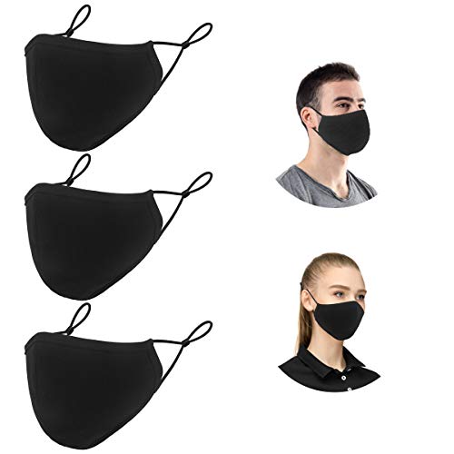 Cloth Safety Shields Reusable, 3-Ply Teen & Adults Black Adjustable Mouth Shields Breathable Washable for Dust, Particle Droplet, Pollen Protection (3 pack)