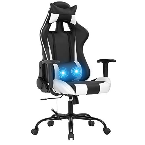 Gaming Chair Racing Office Chair Massage Swivel Chair High Back PU Leather Executive Rolling Task Adjustable Computer Chair with Lumbar Support Headrest Armrest Desk Chair for Adults(White)