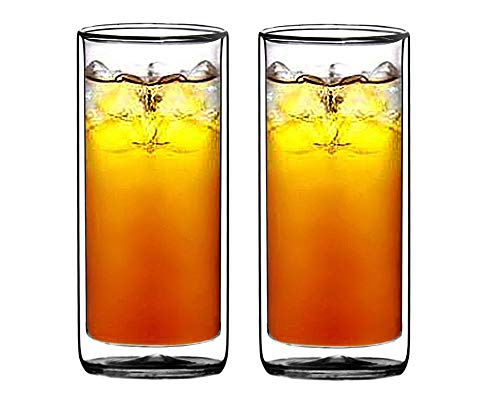 Sun's Tea(tm) 16oz Ultra Clear Strong Double Wall Insulated Thermo Glass Tumbler Highball Glass for Beer/cocktail/lemonade/iced Tea, Set of 2 (Made of Real Borosilicate Glass, Not Plastic)