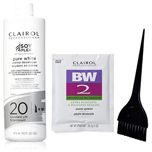 Clairol Professional Soy4plex Pure White Creme Hair Color Developer 16 oz, 20 Volume (Including Clairol BW2 Extra Strength Powder Lightener & Large Applicator Dye Brush) Hair Coloring Dye Kit