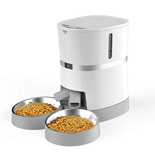 WellToBe Automatic Cat Feeder, Pet Feeder Food Dispenser for Cat & Small Dog with Two-Way Splitter and Double Bowls, up to 6 Meals with Portion Control, Voice Recorder - Battery and Plug-in Power