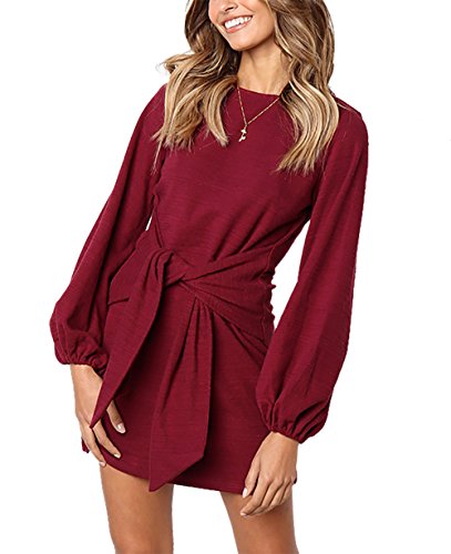 PRETTYGARDEN Women’s Elegant Long Sleeve Short Dress Crewneck Tie Waist Knit Cocktail Dress Wine Red