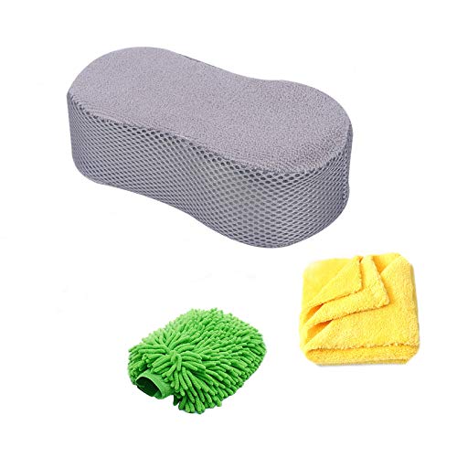 RIDE KINGS Car Sponge, Detailing Wash Kit, Premium Microfiber Car Wash Sponge, Lint Free Car Drying Towel, Scratch Free Chenille Wash Mitts, for Auto Exterior Interior Cleaning Care