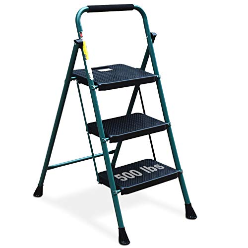 HBTower 3 Step Ladder, Folding Step Stool with Wide Anti-Slip Pedal, 500lbs Sturdy Steel Ladder, Convenient Handgrip, Lightweight, Portable Steel Step Stool, Green and Black