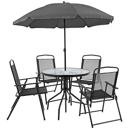 Flash Furniture Nantucket 6 Piece Black Patio Garden Set with Table, Umbrella and 4 Folding Chairs